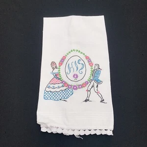 Vintage White With Hand Embroidery Courting Couple HIS Guest Towel - Picture 1 of 3