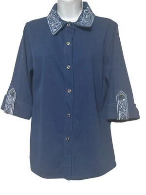 Bob Mackie Smart Denim Embroidered Collar & Cuff Top Size S Denim - Image 1 of 4