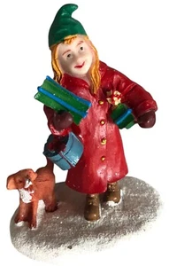 St Nicholas Square Christmas Village Figurine Girl Shopping with Dog - Picture 1 of 5