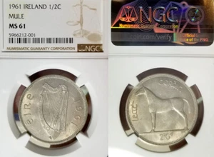 Ireland 1961 Mule Half Crown, Rare High, NGC 61 PQ, Luster/Sharp Top Population  - Picture 1 of 1