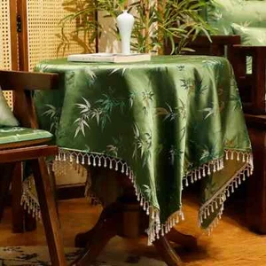 Luxury Green Tablecloth Table Cloth Retro Tassel Jacquard Embroidery Tablecover - Picture 1 of 17