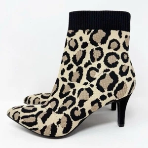 MIA Mckinley Sock Boot Leopard Animal Print Black Point Toe Stretch Booties 7.5M - Picture 1 of 14