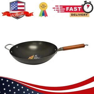 DACHU handgehämmert 13" 34cm Kohlenstoffstahl Flachboden Pow Wok mit 8" Holzgriff - Bild 1 von 4