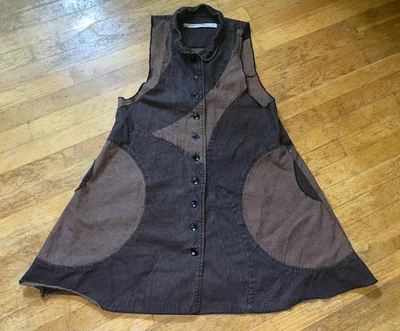 Colete longo de algodão Cynthia Ashby artístico túnica bolsos peças dois tons marrom - Imagem 1 de 4