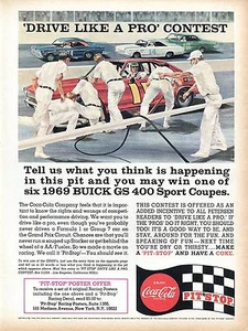 1968 Print Ad of Coca Cola Pit Stop Win A 1969 Buick GS 400 Sport Coupe & Racing - Picture 1 of 2