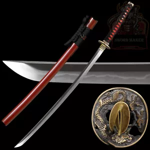 Japanese Katana Sword Full Tang T10 Steel Clay Tempered Real Hamon Red Saya - Picture 1 of 17