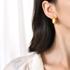 18K Gold Plating Fashion Womens Stainless Steel 9mm Engagement Ear Hoop Earrings - Picture 1 of 6