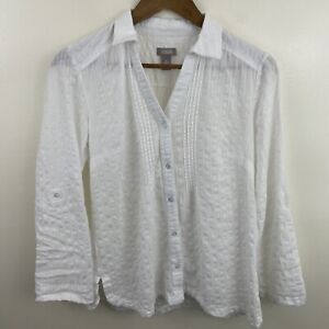 Chico's Shirt Women's 0 (Small) Long Roll Tab Sleeve White Button Textured