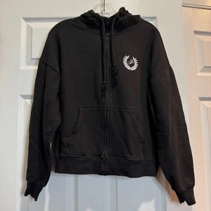 Pink Victorias Secret Black Full Zip Hoodie White Spellout Logo Pockets Sz Small - Picture 1 of 20