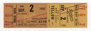 Sept 2, 1962 Full Ticket Don Drysdale Win-1962 Drysdale Cy Young & Wills NL MVP - Picture 1 of 2