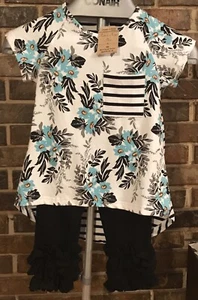 Grl 2 PC Boutique XL Black /Aqua Floral Stripe Shirt & L Double Ruffle Hem Pants - Picture 1 of 5
