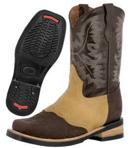 Kids Western Cowboy Boots Rodeo Square Toe Brown Honey Leather Bota - Picture 1 of 5