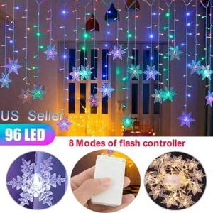 96 LED Snowflake Fairy Curtain String Lights Hanging Ornament Xmas Party Decor - Picture 1 of 30