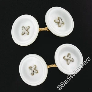Antique 14k Gold 14.6mm Carved White Mother of Pearl Round Button Cufflinks - Picture 1 of 4