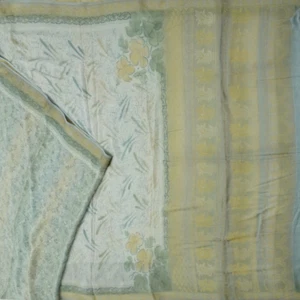 Vintage Off-White 100 % reine Georgette Seide bedruckt Sari Zari Bordüre Sari Stoff - Bild 1 von 6