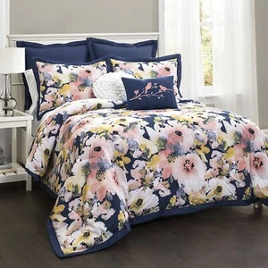 Lush Décor Blue Floral Watercolor 7 piece Comforter Set Full/ Queen Bedding - Foto 1 di 9