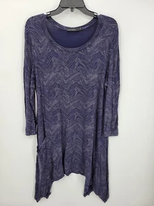 Locker geschnittenes Kleid Damen klein blau grau geometrisches Muster Haifischbiss Saum Taschen - Bild 1 von 7