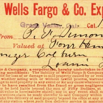 Wells Fargo & Co Express 1908 - Grass Valley CA - $464,64 recibo de dinero  Foto 1 de 3