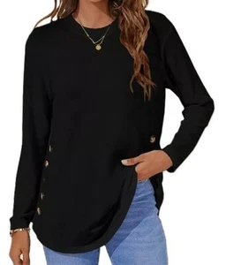Vrkufie Button-Accent Long-Sleeve Crewneck Knit Top - Black - Size L - New - Picture 1 of 3
