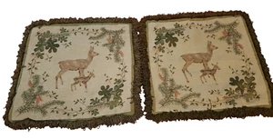 Deer & Fawn Tapestry Cushion Pillow Cover Fringed Jacquard Woven 19x19 Set of 2 - Picture 1 of 13