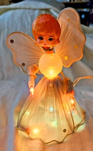 Vintage MCM Lighted Angel Tree Topper Christmas Plastic Doll Head Tulle Wings - Picture 1 of 7