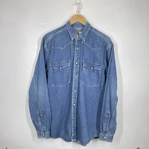 Vintage Levis Western Shirt Mens M Blue Denim Barstow Pearl Snap 90s Medium Wash - Picture 1 of 11