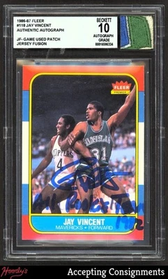 1986-87 Fleer #118 Jay Vincent Jersey Fusion GAME-USED PATCH Signed BGS AUTO 10 - Image 1 of 2
