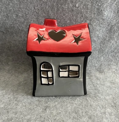 Grey Red Ceramic House Tea Light Candle Holder Like Village Pottery Star heart - Image 1 of 4