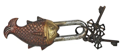 Candado de latón hecho a mano con cerradura de puerta estilo antiguo en forma de pez con llaves de trabajo Foto 1 de 4