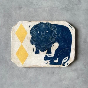 Makoto Kagoshima Ceramic Plaque Art pottery Indigo lion Yellow rhombus on White - Picture 1 of 7