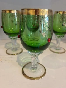 Bohemian Czech Green With Gold And Red Cordial Glasses Set Of 4 - Picture 1 of 2