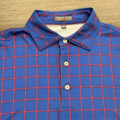 Peter Millar Summer Comfort Polo Shirt Golf Windowpane Plaid Blue Red Mens M - Image 1 of 4