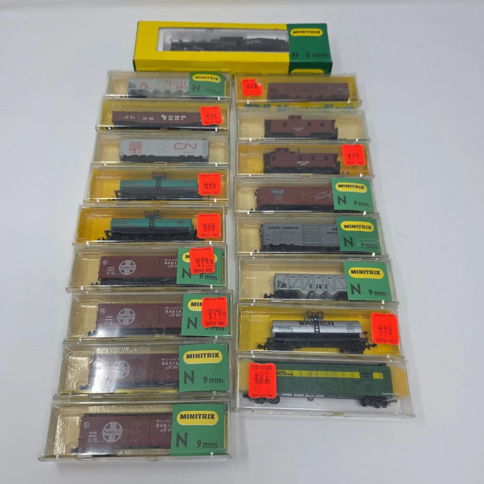 Vintage Minitrix & AHM N Escala Lote de 24 Carros de Carga AT&SF 9100 Motor a Vapor - Imagem 1 de 4