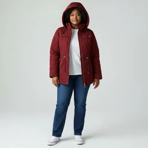 Chaqueta Abrigo London Fog Rojo Sangre Cuello Mick Acolchado Terciopelo Con Capucha Talla XL - Imagen 1 de 15