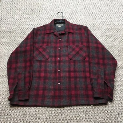 Vintage Merrill Woolens Mills Shirt Mens XL Red Black Shadow Plaid Loop Collar - Image 1 of 4