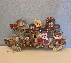 Cappotto da parete vintage in legno Buon Natale orsacchiotti campane decorazione sitter appendiabiti da parete  - Foto 1 di 10