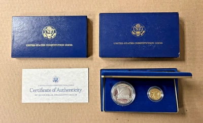 1987 U.S. Constituion 2 Coin Proof Set 5$ Gold & 1$ Silver w/OGP & COA - Image 1 of 4