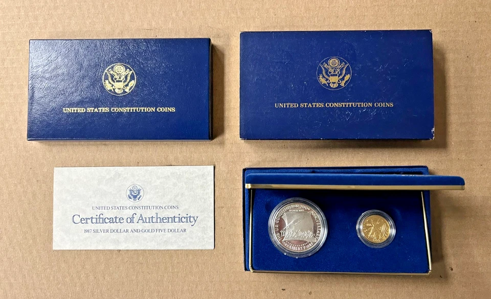 1987 U.S. Constituion 2 Coin Proof Set 5$ Gold & 1$ Silver w/OGP & COA - Image 1 of 4