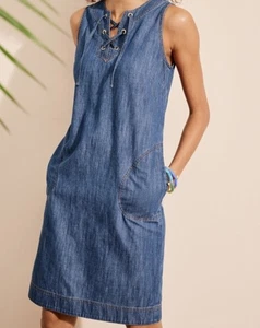 Talbots Denim shift dress sz 2 Chambray Lace Up Sleeveless  cottage core - Picture 1 of 7