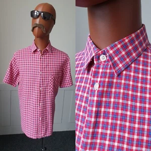 Vintage 60s/70s French SHIRT Sz Large Red White Blue Check Cotton MOd ZM86 - Picture 1 of 8