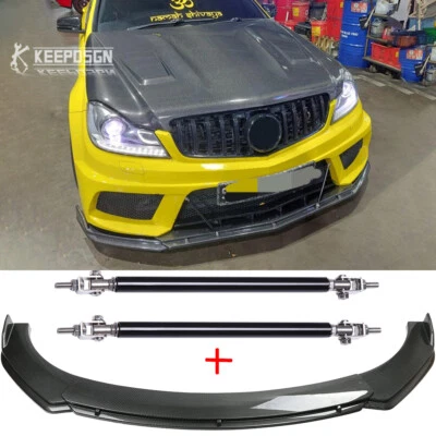 Divisor de labios de parachoques delantero de fibra de carbono + varilla de puntal para Mercedes Benz C63 AMG W204 Foto 1 de 4