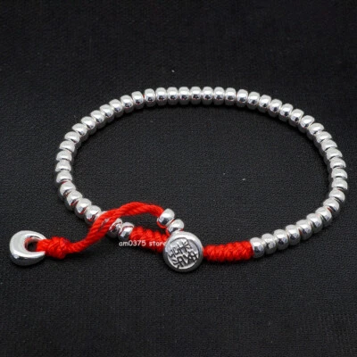Real 999 Pure Silver Bracelet Handmade Red String 5mm Abacus Beaded Adjustable - Image 1 of 4