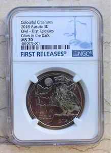 NGC MS70 Austria 2018 3Euro Coin - Owl - Colourful Creatures - Glow in the Dark - Picture 1 of 2