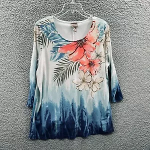 Chicos Women Tunic Top 2 Large Blue White Floral 3/4 Sleeve Pullover Lined Shirt - Picture 1 of 11