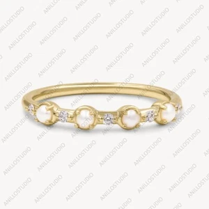 Anello fascia mezza eternità alternata perle naturali e diamanti veri 2,5 mm oro 14 kt - Foto 1 di 3