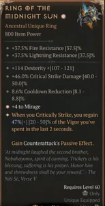 š„DIABLO 4š„SEASON 8š„Spiritborn Ringš„Ring Of The Midnight Sun GA Mirage 47% - Picture 1 of 1