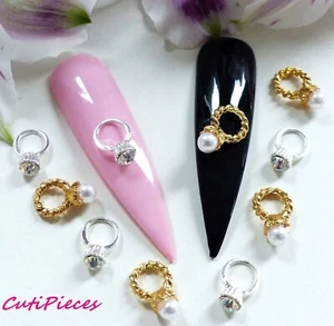 3D Nail Art Silver Gold *Solitaire Rhinestone Pearl Rings* Gem Alloy Metal Craft - Picture 1 of 9