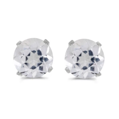 Juego de aretes redondos naturales de topacio blanco de 5 mm en oro blanco de 14 k Foto 1 de 4
