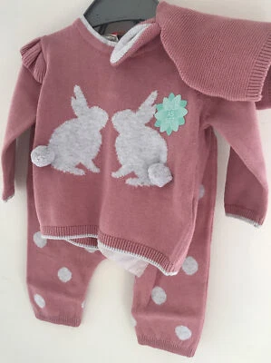 Monsoon Children 0-3 Monhs ~ 3 Piece Knitted Cotton Pink Rabbit Themed Outfit - Image 1 of 4