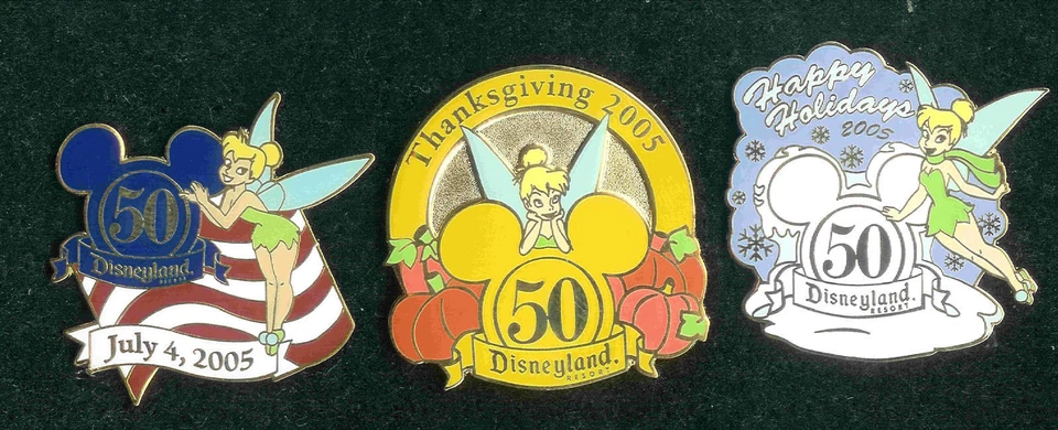 2005 Disneyland 50th July 4th/Thanksgiving/Christmas Tinker Bell Cast 3 Pin Set - Image 1 of 1